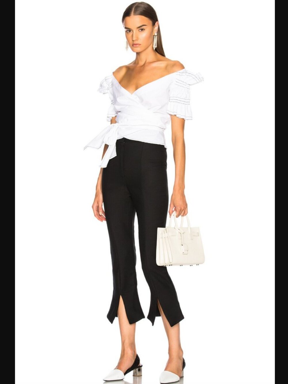 Jonathan Simkhai Ruched Cotton Off-Shoulder Wrap Poplin Top White Sz. L NWT